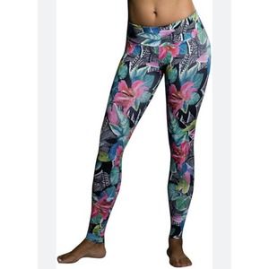 Onzie M/L Floral Palm Leaf Tropical Mid Rise Leggings Yoga Barre Athleisure Ab2